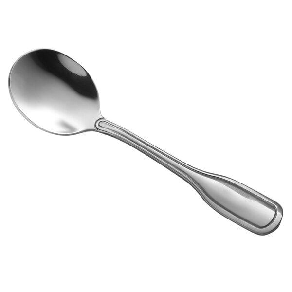A Libbey Wellington stainless steel bouillon spoon with a silver handle.