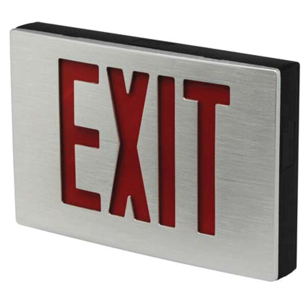 A Lavex aluminum exit sign with red lettering on a white background.