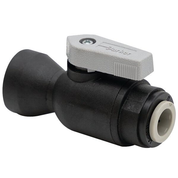 A black and white Everpure flushing valve with a white handle.