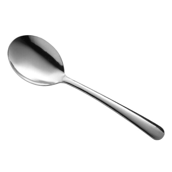 A Libbey heavy weight bouillon spoon with a silver handle.