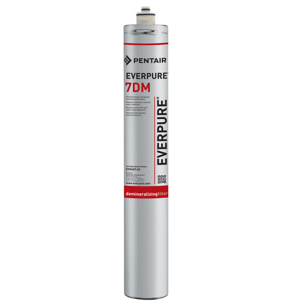 A white Everpure demineralization filter cartridge with a red label.