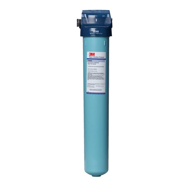 A blue and black 3M water filtration prefilter housing with a label.