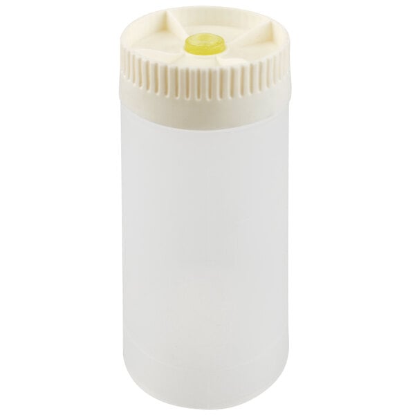 A white plastic container with a white cap and yellow circle.