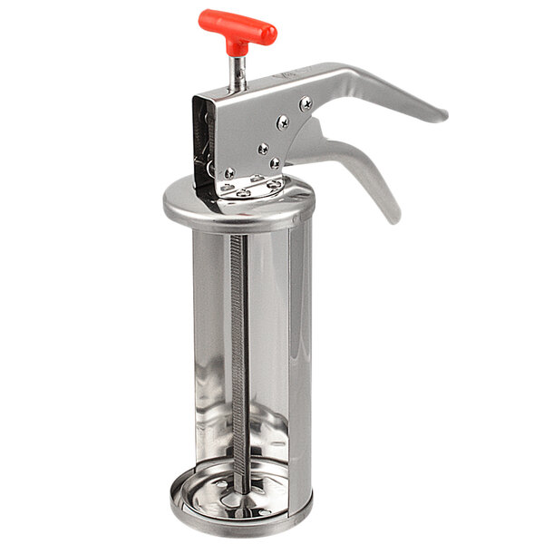 A stainless steel and red portion sauce gun.