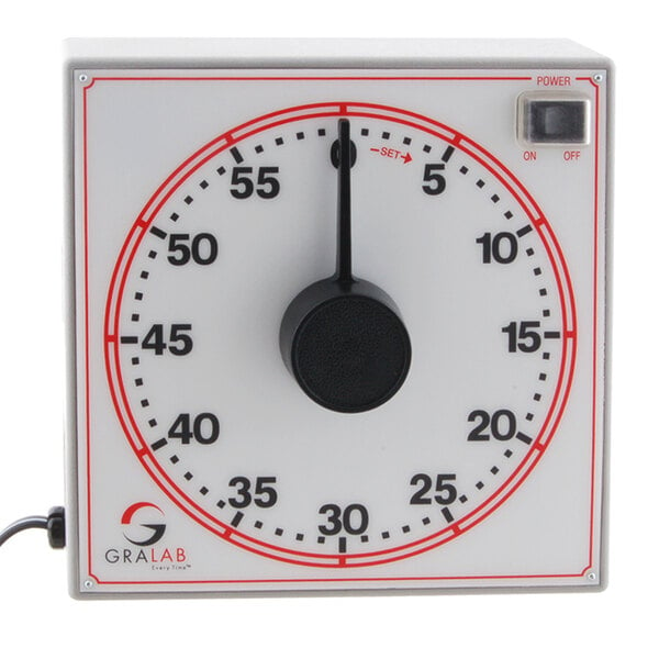 A white square Gralab Precision One Hour Electric Timer with a red and black clock face.