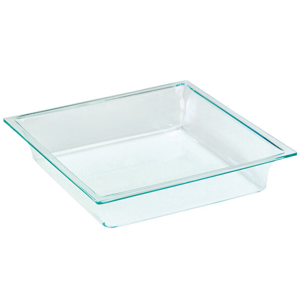 A Delfin clear square glass insert with a handle on a white surface in a salad bar.
