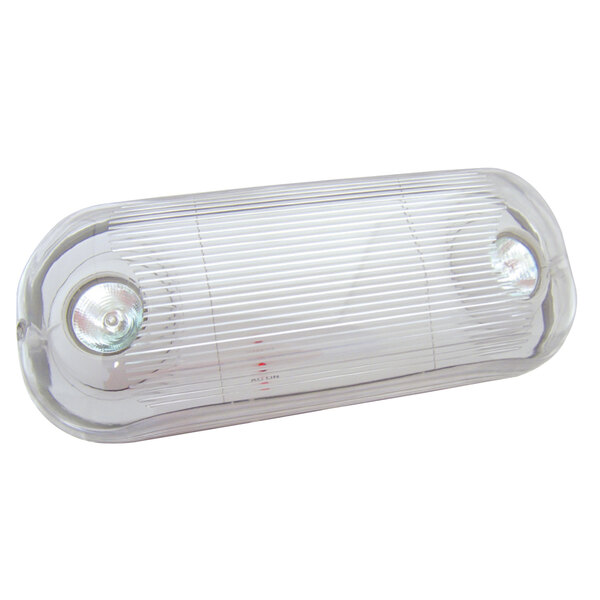 A clear plastic case with a round Lavex gray LED emergency light with two small lights.