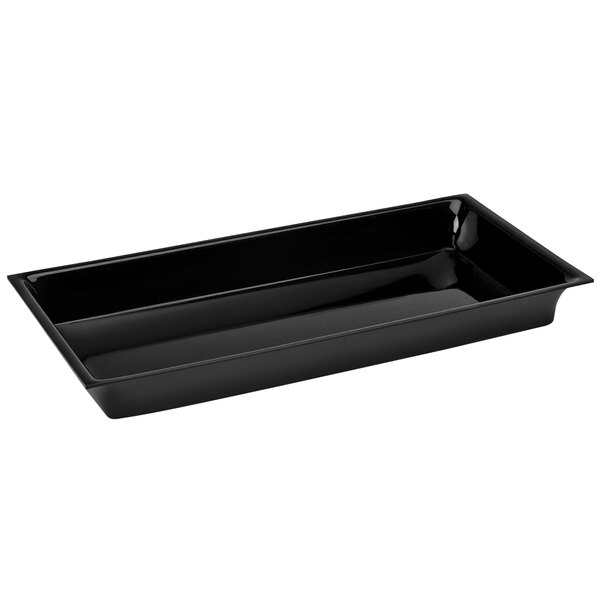 A black rectangular Delfin acrylic drop-in tray with a handle on a counter.