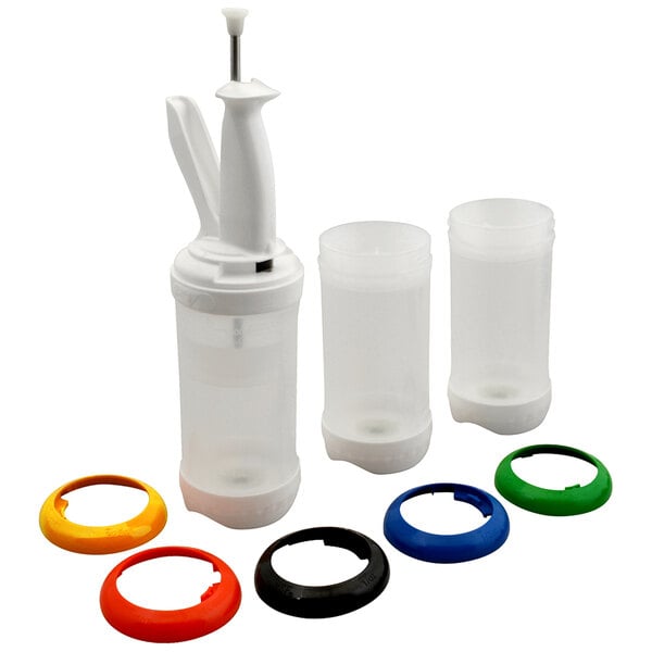 A white plastic container with a black lid and a handle with several different colored plastic cups inside.