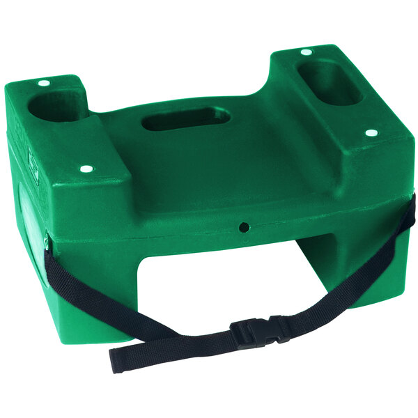 A green plastic Koala Kare booster seat with a black safety strap.