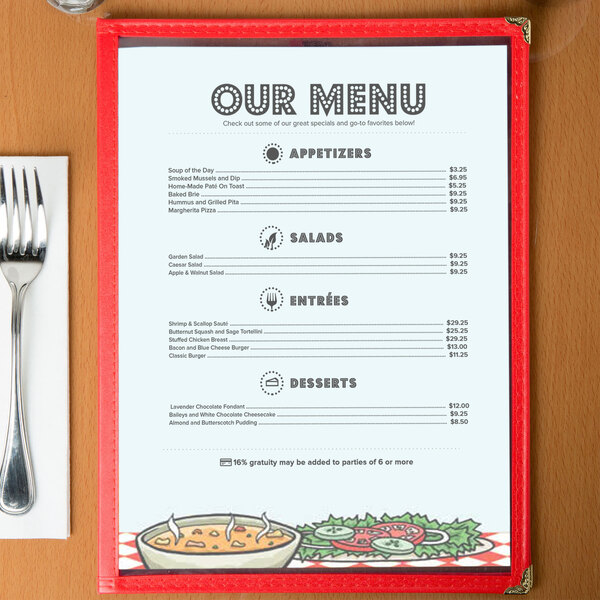 An 8 1/2" x 11" menu with black text and a cartoon of a pizza on it.