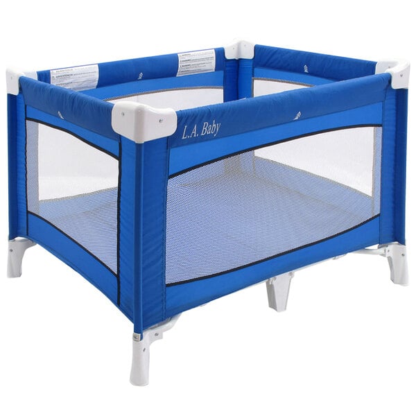 A blue and white L.A. Baby playard with mesh sides.