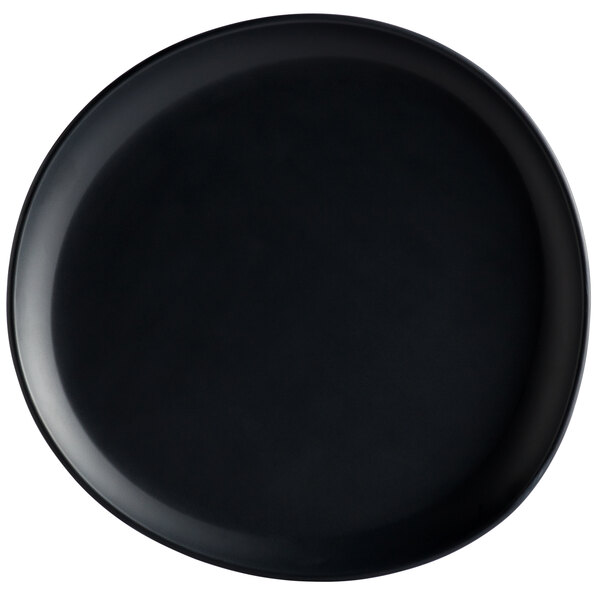 A dark gray melamine coupe plate with a circular design on it.