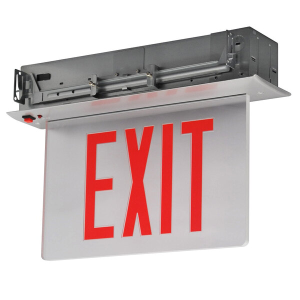 A Lavex white recessed LED exit sign with red lettering.