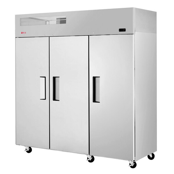 A large white Turbo Air reach-in freezer with three doors.