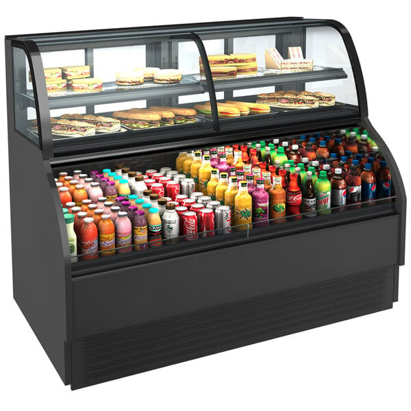 A black Structural Concepts refrigerated dual service merchandiser display case on a counter in a bakery with drinks and snacks.