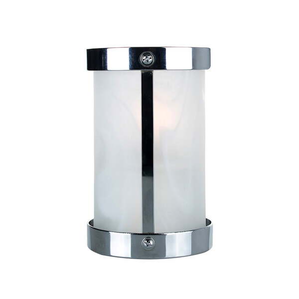 A Sterno silver votive candle holder with a frosted glass shade.
