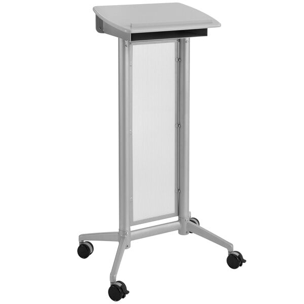 A gray Safco mobile steel lectern with wheels.