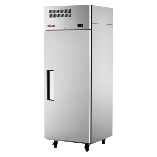 A stainless steel Turbo Air E-Line reach-in freezer with a black handle on wheels.