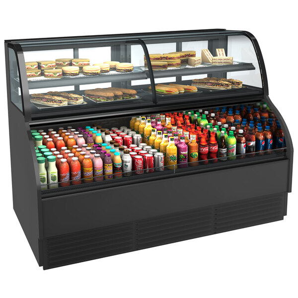 A black Structural Concepts refrigerated dual service merchandiser case on a counter with food and drinks.