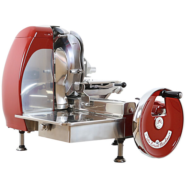 A red and silver Omcan horizontal belt-driven meat slicer.