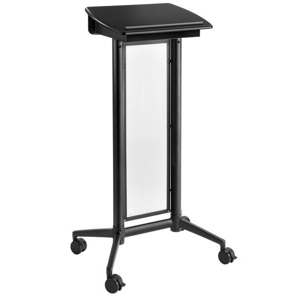 A black Safco mobile steel lectern with wheels.