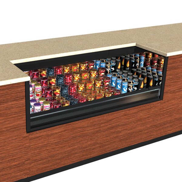 A Structural Concepts Oasis black undercounter cooler full of canned drinks.