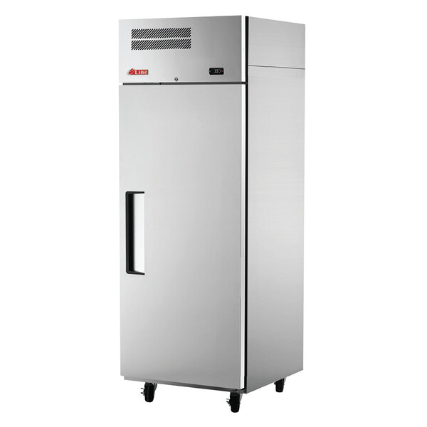 A stainless steel Turbo Air reach-in refrigerator with a black handle on wheels.