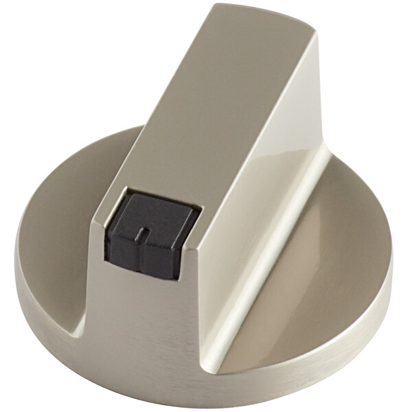A close-up of a silver Avantco timer knob with a black button on top.