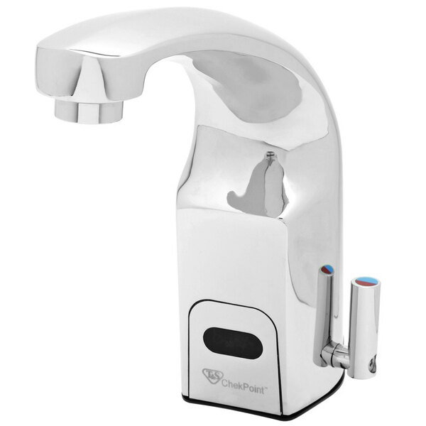 A silver T&S deck mounted hands-free sensor faucet with a rigid spout.