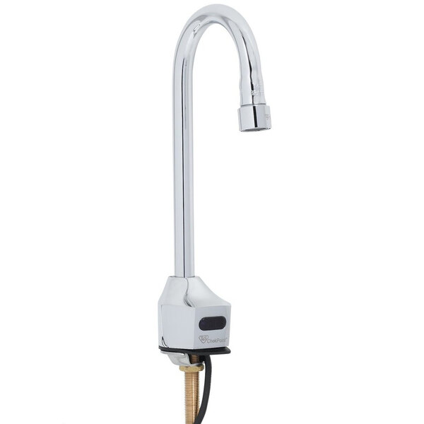 A T&S chrome hands-free sensor faucet with a rigid gooseneck spout.