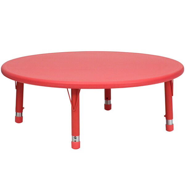 A Flash Furniture red plastic round table with legs.