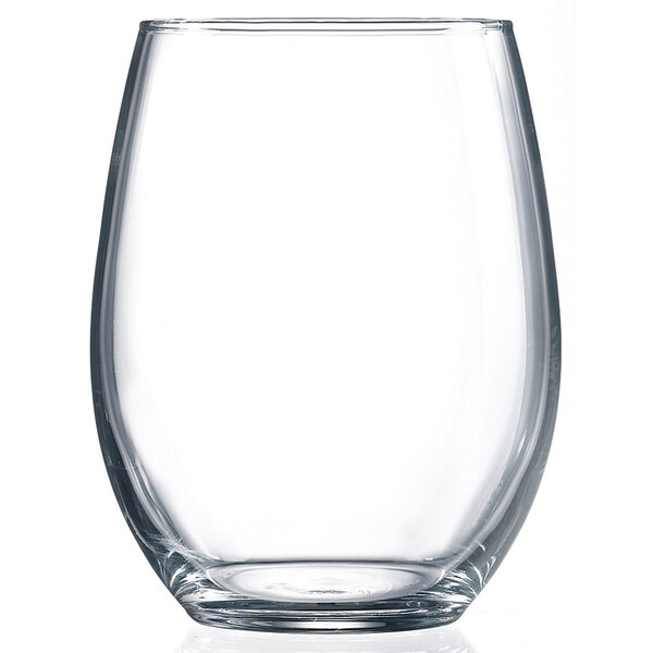 An Arcoroc clear stemless wine glass.