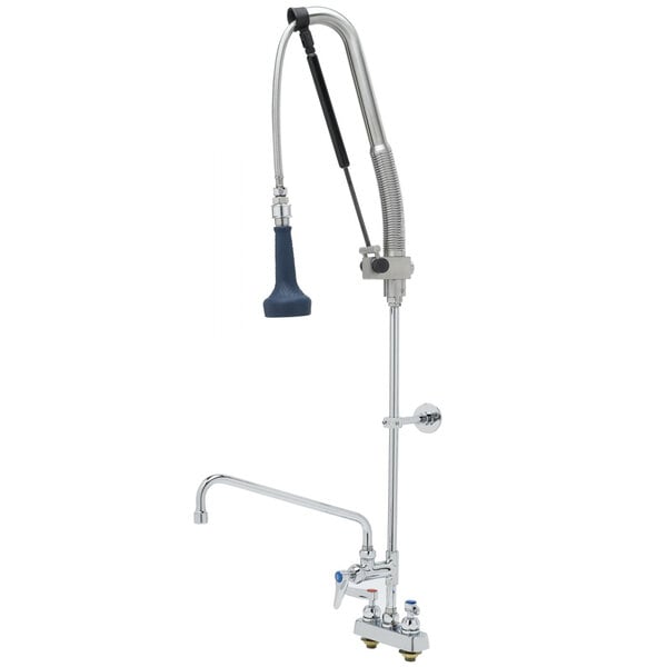 A close-up of a chrome T&S DuraPull pre-rinse faucet with a hose attached.