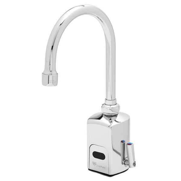 A close-up of a chrome T&S ChekPoint hands-free sensor faucet with a swivel gooseneck.