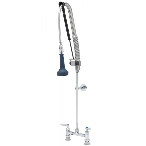 A T&S silver and blue pre-rinse faucet with a hose attached.