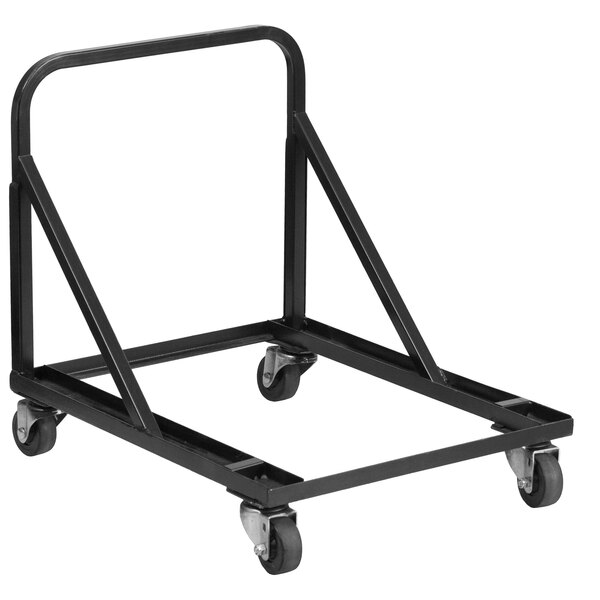 A black metal Flash Furniture music chair dolly with wheels.