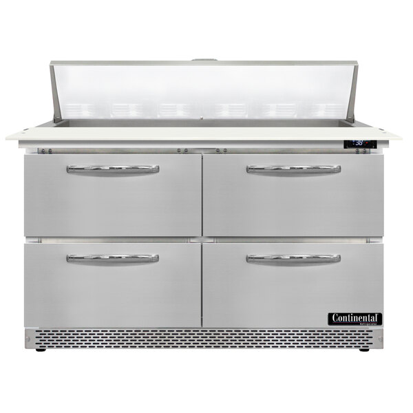 A stainless steel Continental Refrigerator with 4 drawers under a cutting top.