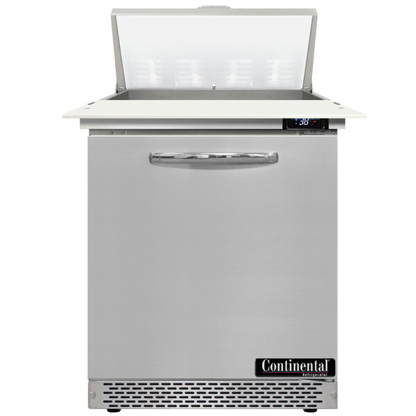 A Continental Refrigerator refrigerated sandwich prep table with a door open.