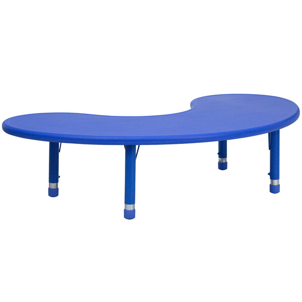 A blue plastic half-moon shaped table with legs.