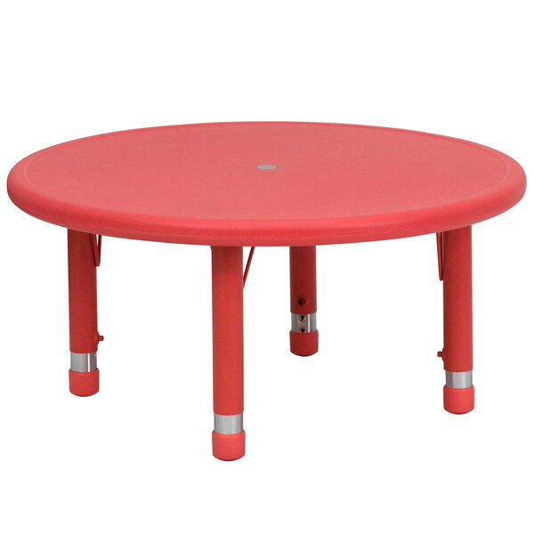 A Flash Furniture red plastic round table with adjustable legs.