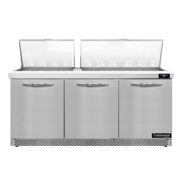 A Continental Refrigerator sandwich prep table with 3 doors.