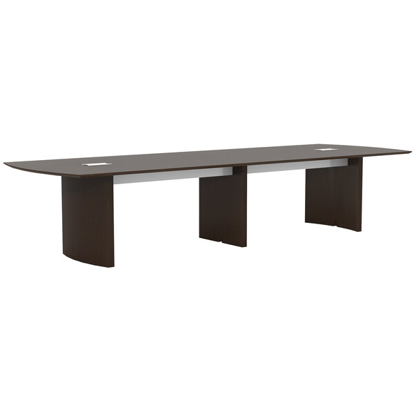 A brown Safco Medina rectangular conference table with black legs.