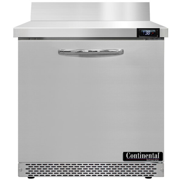 A Continental Refrigerator stainless steel worktop refrigerator with a stainless steel door.