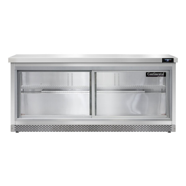A Continental Refrigerator undercounter refrigerator with sliding glass doors on a counter.