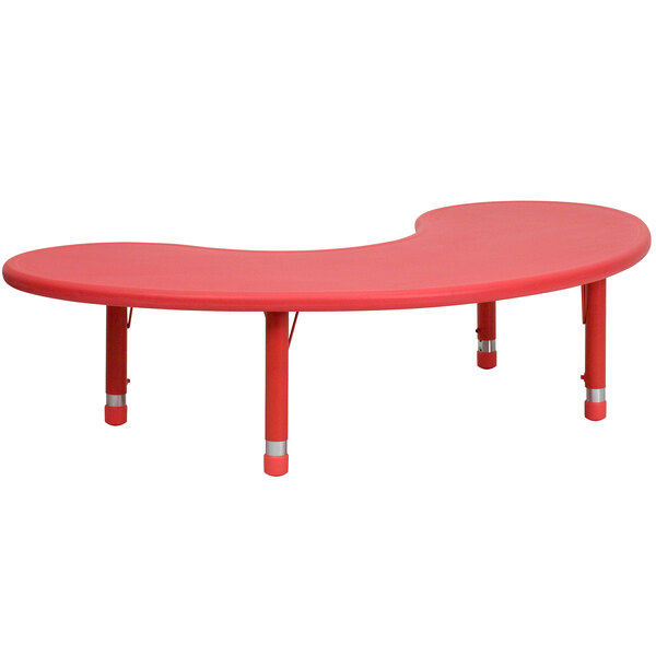 A red plastic half-moon shaped table with adjustable height.