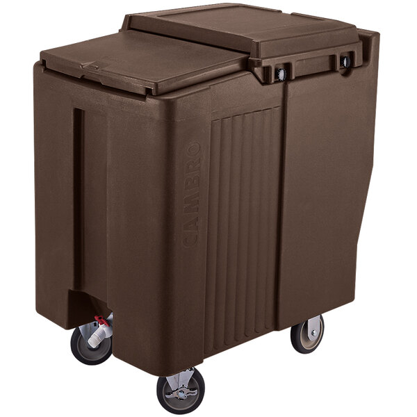 A brown plastic container with wheels.