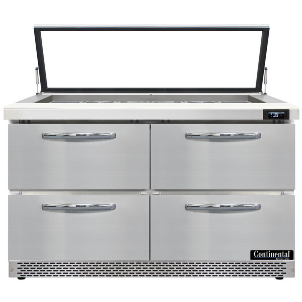 A Continental Refrigerator 48" refrigerated sandwich prep table with 4 drawers and hinged glass lids.