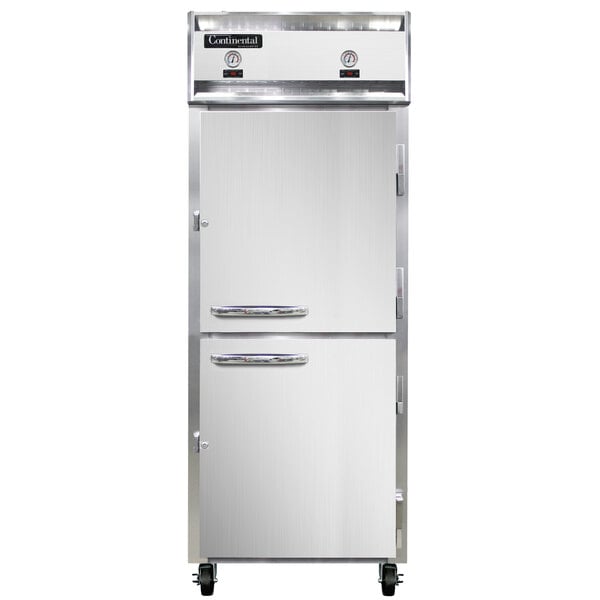 A Continental Refrigerator stainless steel reach-in refrigerator and freezer with white doors and silver handles.