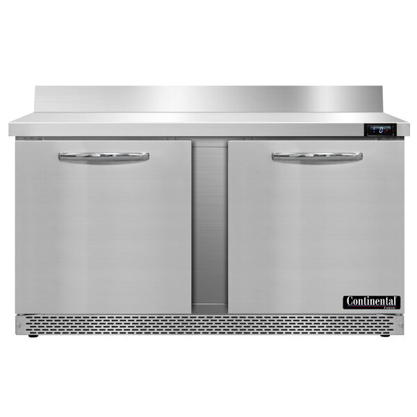 A Continental worktop freezer with two stainless steel doors on a counter.